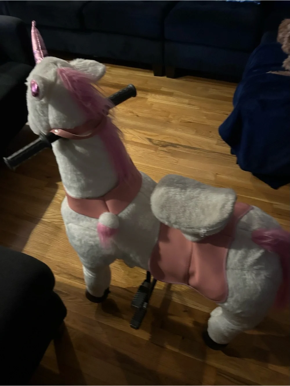 Plush White and Pink Ride-On Unicorn Toy with Handle Grips